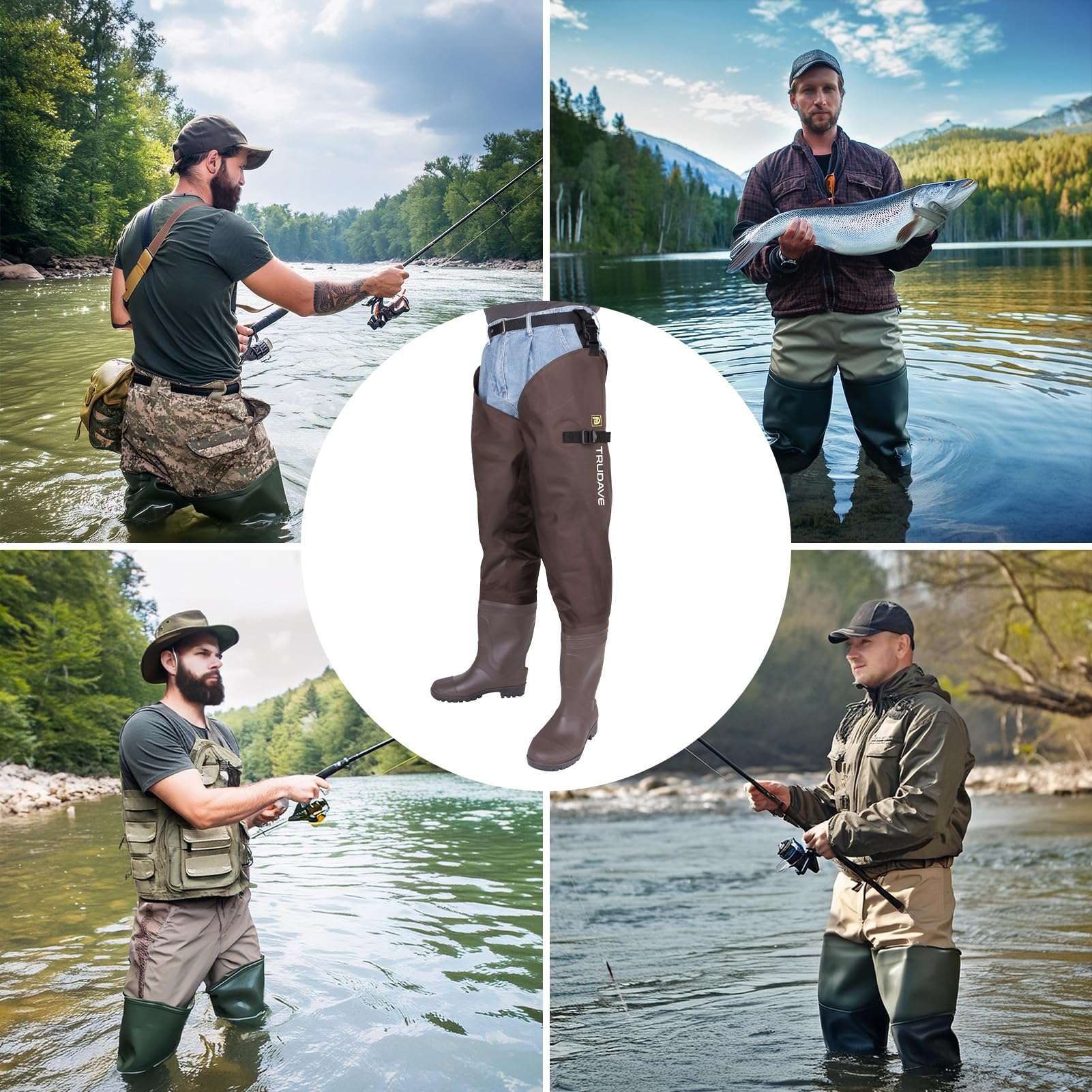 alt="Trudave StreamFlex Series hip waterproof waders with boots shown in multi-scene use including fishing, hunting, and farm work, highlighting 100% waterproof protection, durable heat-welded seams, and slip-resistant sole for versatile outdoor performance"